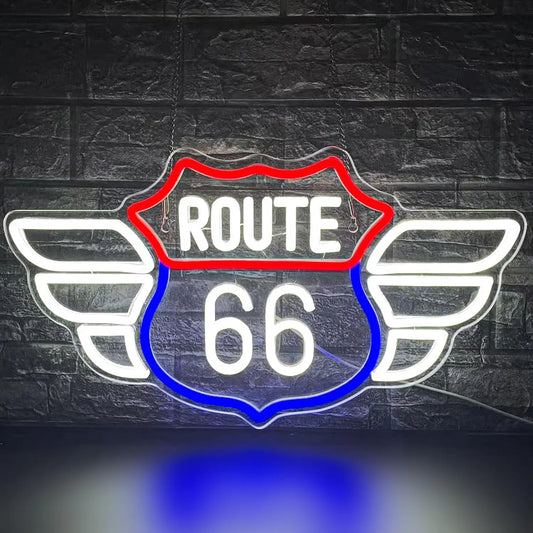 ป้ายนีออน Route 66 สไตล์วินเทจ – ไฟ LED USB สำหรับบาร์ โรงรถ และห้องเล่นเกม