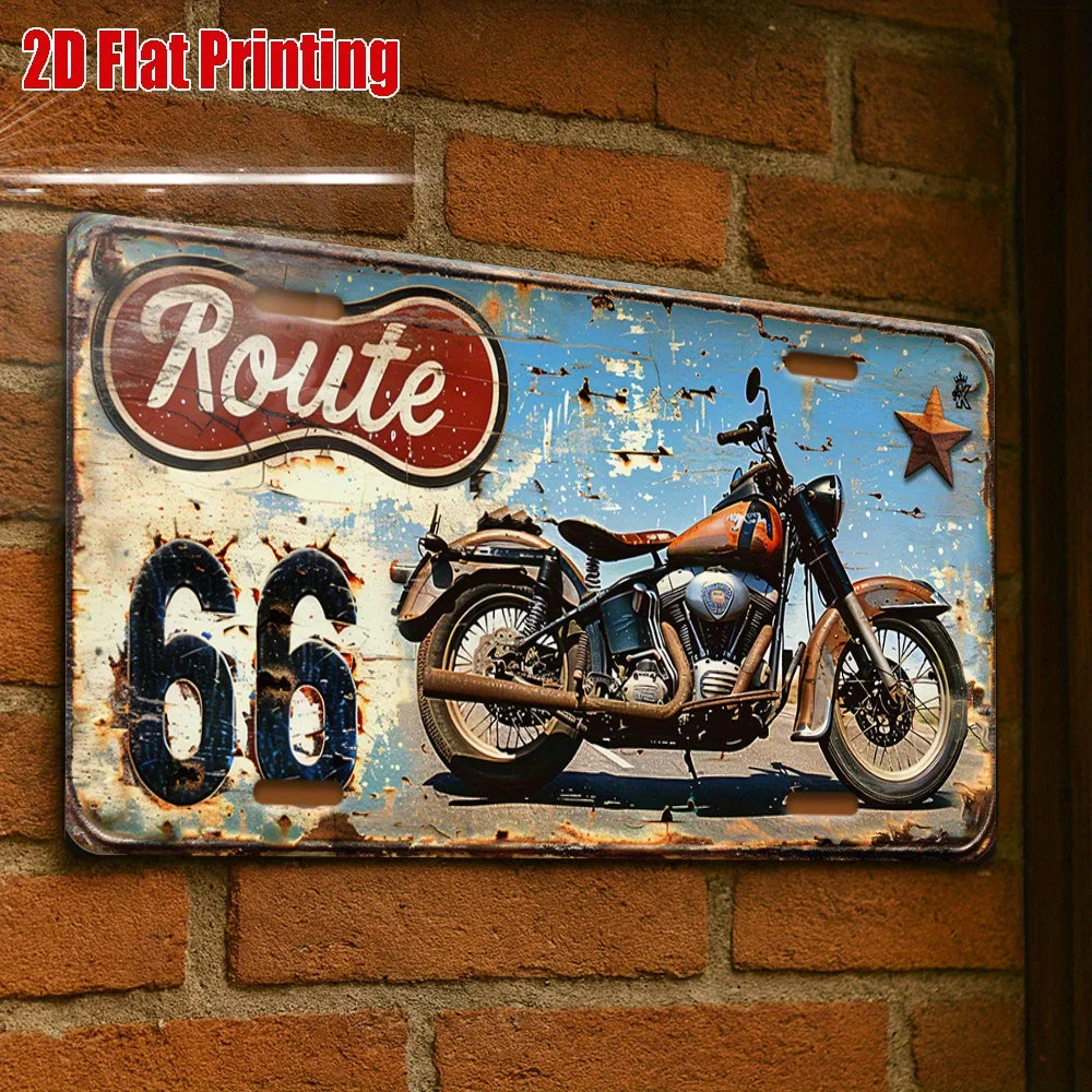 ป้ายโลหะรถจักรยานยนต์ Route 66 สไตล์เรโทร – ของตกแต่งผนังโรงรถและบาร์