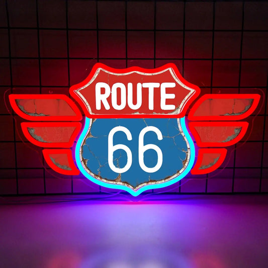 ป้ายนีออน Route 66 สไตล์วินเทจ – ไฟ LED USB สำหรับบาร์ โรงรถ และห้องเล่นเกม