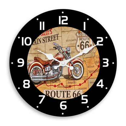 นาฬิกาแขวนผนังไม้ Route 66 สำหรับรถจักรยานยนต์ – ควอตซ์เดินเงียบ | ของตกแต่งบ้านและโรงรถ