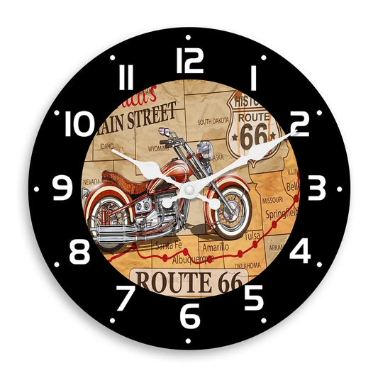 นาฬิกาแขวนผนังไม้ Route 66 สำหรับรถจักรยานยนต์ – ควอตซ์เดินเงียบ | ของตกแต่งบ้านและโรงรถ