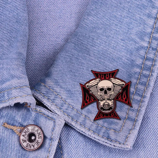 Engine Skull Cross Brooch Pin 