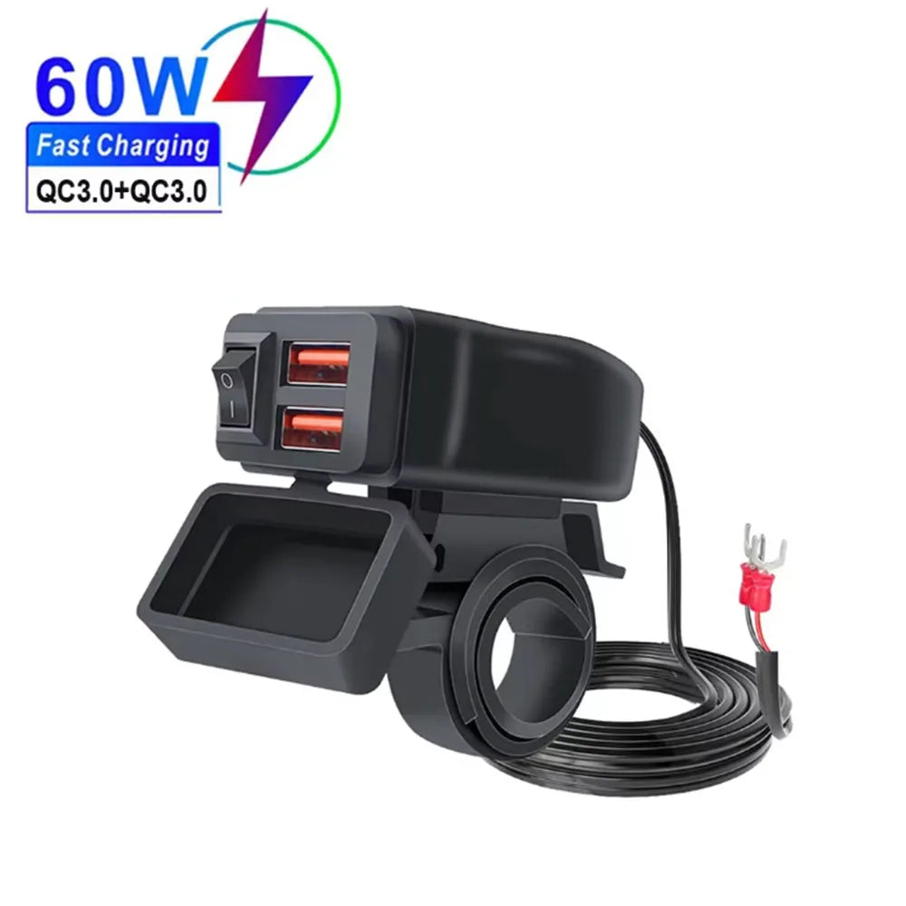 ที่ชาร์จเร็ว USB สำหรับรถจักรยานยนต์กันน้ำ 60W PD และ QC3.0 พร้อมสวิตช์และโวลต์มิเตอร์