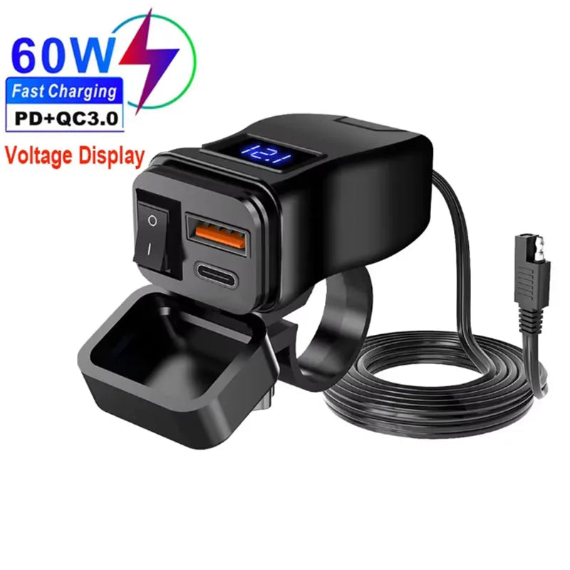 ที่ชาร์จเร็ว USB สำหรับรถจักรยานยนต์กันน้ำ 60W PD และ QC3.0 พร้อมสวิตช์และโวลต์มิเตอร์