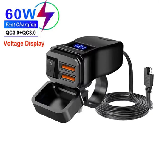 ที่ชาร์จเร็ว USB สำหรับรถจักรยานยนต์กันน้ำ 60W PD และ QC3.0 พร้อมสวิตช์และโวลต์มิเตอร์