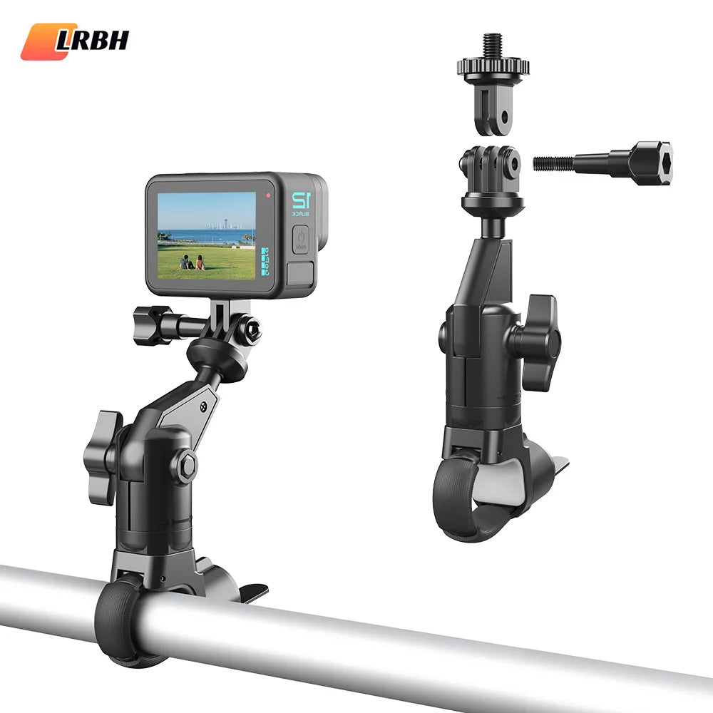 1. Supporto con morsetto per fotocamera da manubrio di bici e moto, installabile su tubi di qualsiasi forma, snodo sferico a 360° per GoPro e DJI