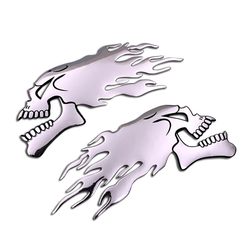 2PCS Silver 3D Fire Skull Decal 