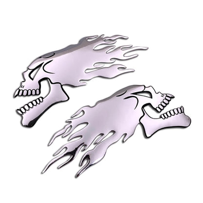 2PCS Silver 3D Fire Skull Decal 