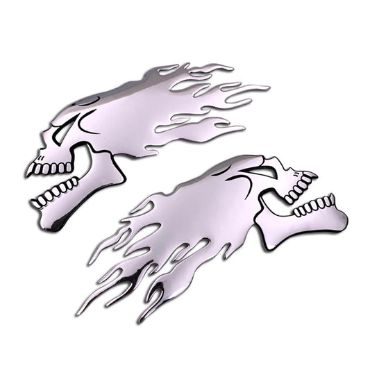2PCS Silver 3D Fire Skull Decal 