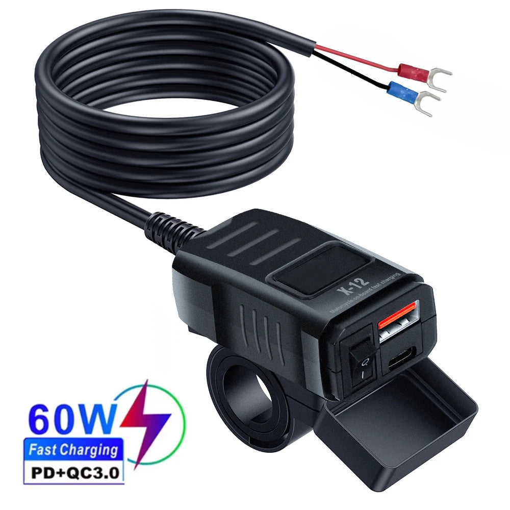 ที่ชาร์จเร็ว USB สำหรับรถจักรยานยนต์กันน้ำ 60W PD และ QC3.0 พร้อมสวิตช์และโวลต์มิเตอร์