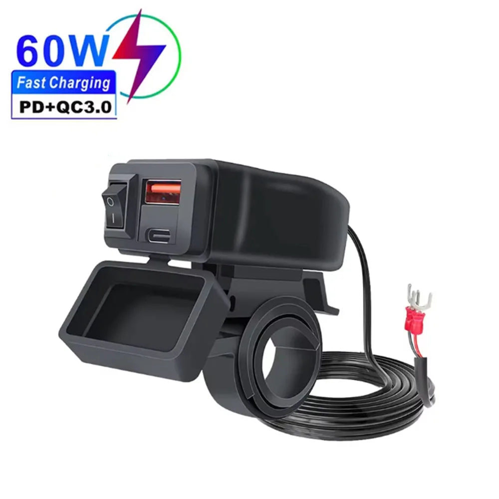 ที่ชาร์จเร็ว USB สำหรับรถจักรยานยนต์กันน้ำ 60W PD และ QC3.0 พร้อมสวิตช์และโวลต์มิเตอร์