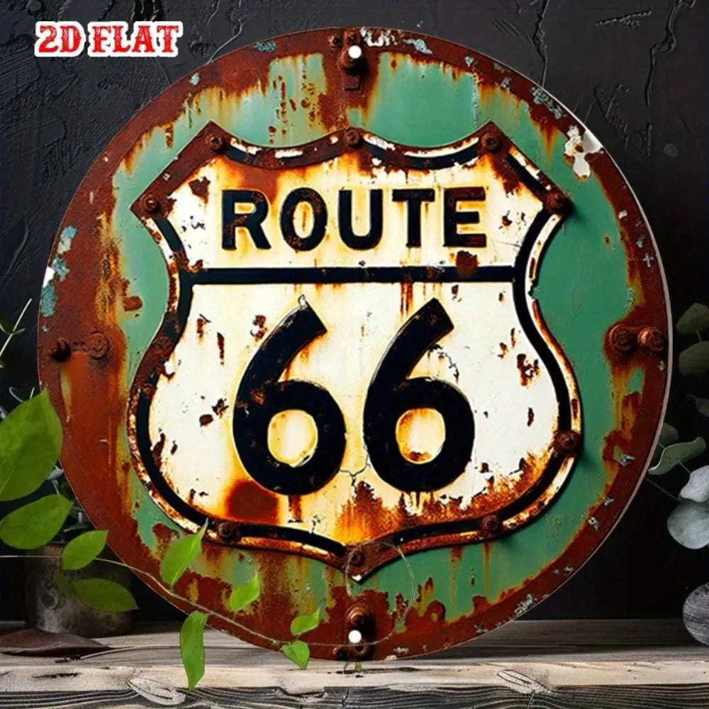ป้ายโลหะ Route 66 สไตล์วินเทจ – ศิลปะตกแต่งผนังแบบเรียบง่ายสำหรับโรงรถ บาร์ และบ้าน