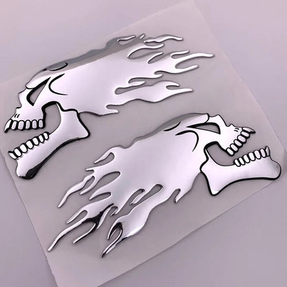 2PCS Silver 3D Fire Skull Decal 