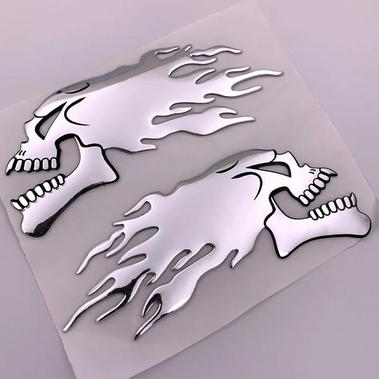 2PCS Silver 3D Fire Skull Decal 