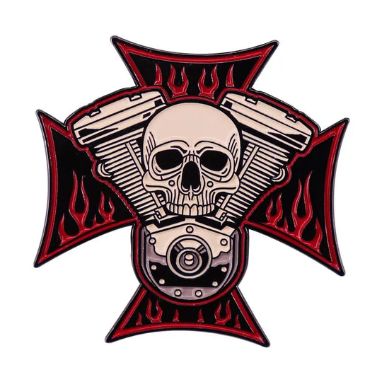 Engine Skull Cross Brooch Pin 
