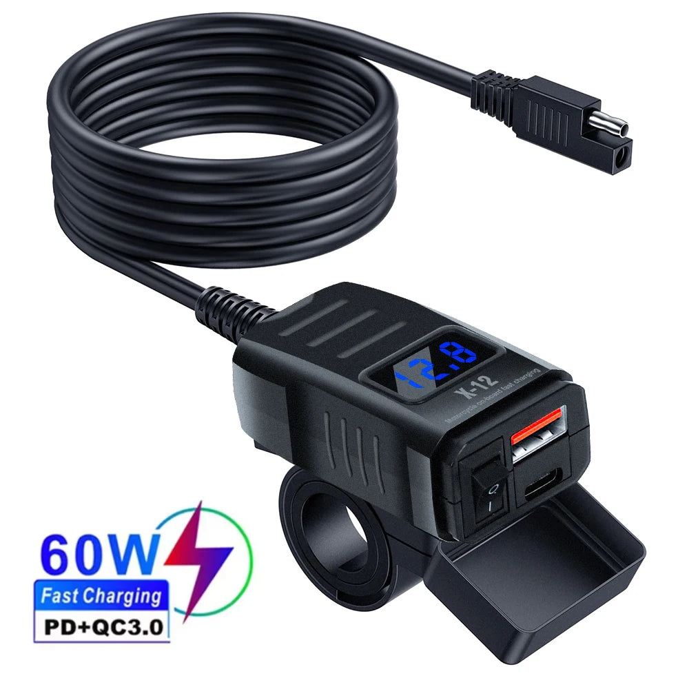 ที่ชาร์จเร็ว USB สำหรับรถจักรยานยนต์กันน้ำ 60W PD และ QC3.0 พร้อมสวิตช์และโวลต์มิเตอร์