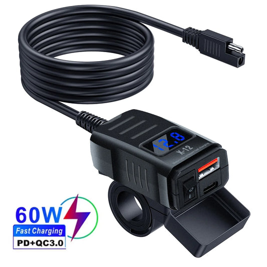 ที่ชาร์จเร็ว USB สำหรับรถจักรยานยนต์กันน้ำ 60W PD และ QC3.0 พร้อมสวิตช์และโวลต์มิเตอร์