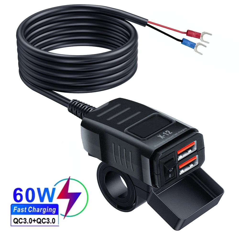 ที่ชาร์จเร็ว USB สำหรับรถจักรยานยนต์กันน้ำ 60W PD และ QC3.0 พร้อมสวิตช์และโวลต์มิเตอร์