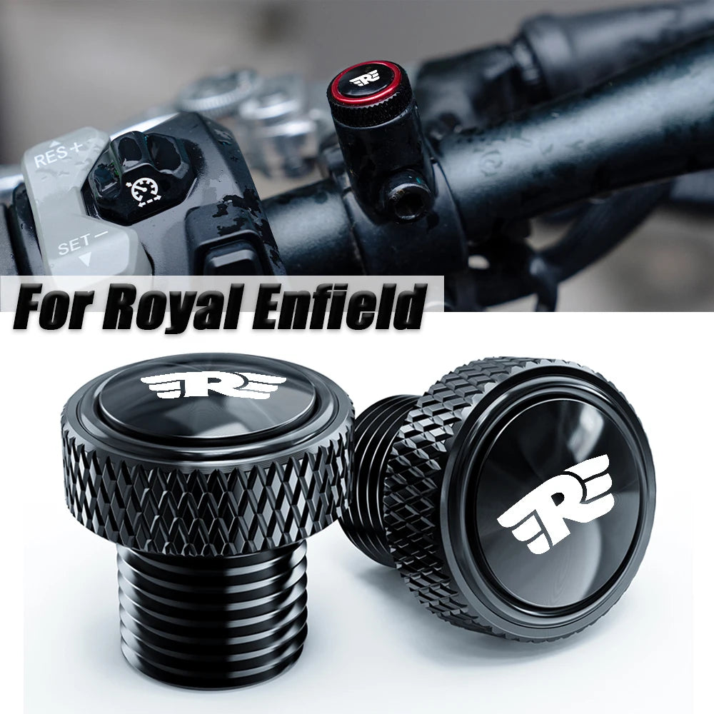سدادات فتحات المرايا من الألومنيوم بتقنية CNC – أغطية لولبية M10x1.25 لطرازات Royal Enfield Bullet وClassic وHimalayan وغيرها (2 قطعة)