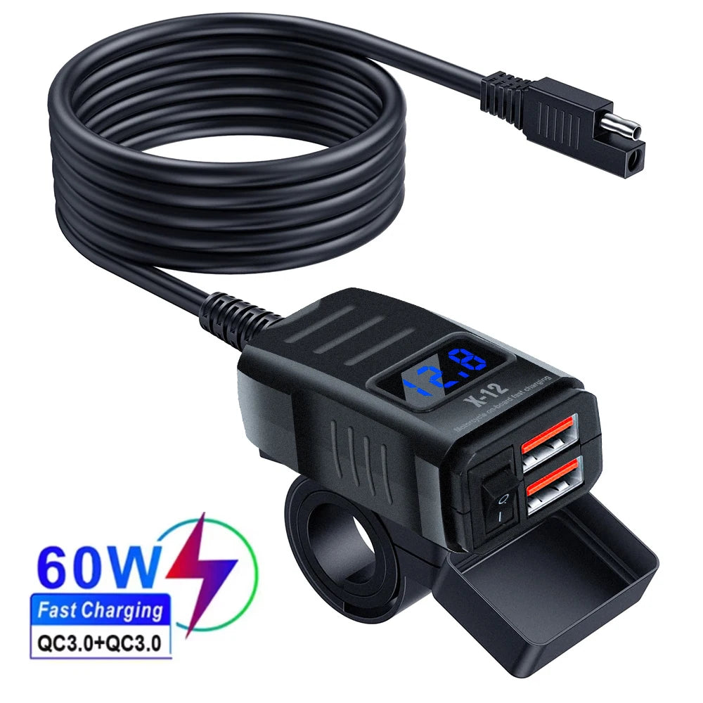 ที่ชาร์จเร็ว USB สำหรับรถจักรยานยนต์กันน้ำ 60W PD และ QC3.0 พร้อมสวิตช์และโวลต์มิเตอร์
